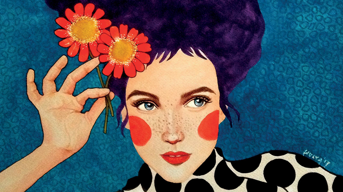 Illustriertes Porträt einer Frau mit zwei Blumen im Haar. | © Hülya Özdemir