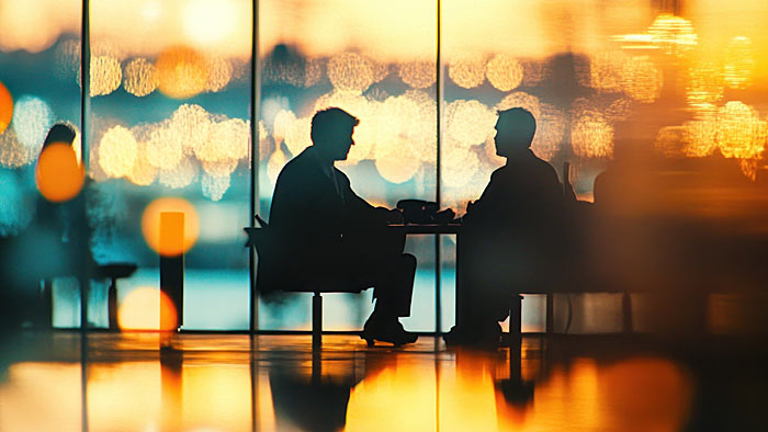 Silhouette von zwei Personen am Besprechungstisch. | © shutterstock.com
