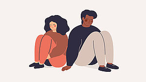  Illustration von Mann und Frau, die traurig Rücken an Rücken sitzen. | © shutterstock.com