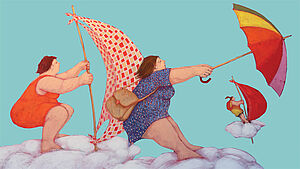 Gemalte Frauen, die auf Wolken stehen und mit Regenschirmen und Leintüchern im Wind "surfen". | © Lisandro Rota