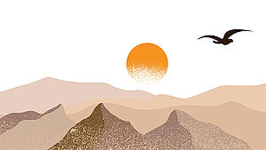 Grafische Darstellung von Bergen, Sonne und einem fliegenden Vogel. | © shutterstock.com