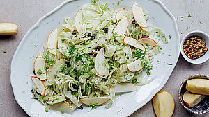 Angerichteter Teller mit Fenchelsalat mit Apfel und Rosinen. | © Kathrin Salzwedel und Ramin Madani