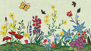 Afghanische Handstickerei mit Wiese und bunten Gartenblumen | © Verlag am Eschbach