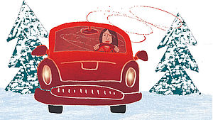 Illustration eines roten Autos mit Frau am Steuer, im Hintergrund zwei Weihnachtsbäume. | © Margret Bernard