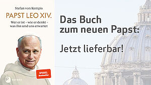 Banner mit dem Cover des Buches »Papst Leo XIV« und dem Schriftzug »Jetzt lieferbar«.